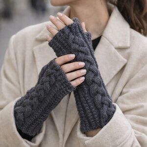 Gray Cable Knit Fingerless Gloves